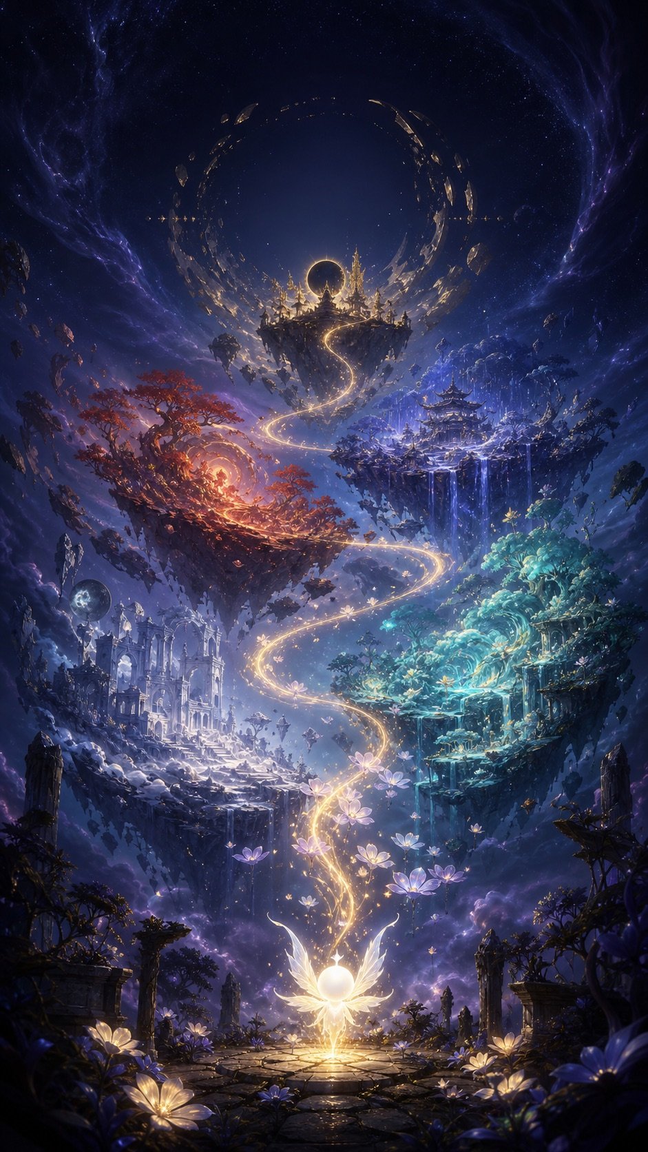 Luma awakens beneath five shattered celestial worlds connected by a rising path of golden living light.
